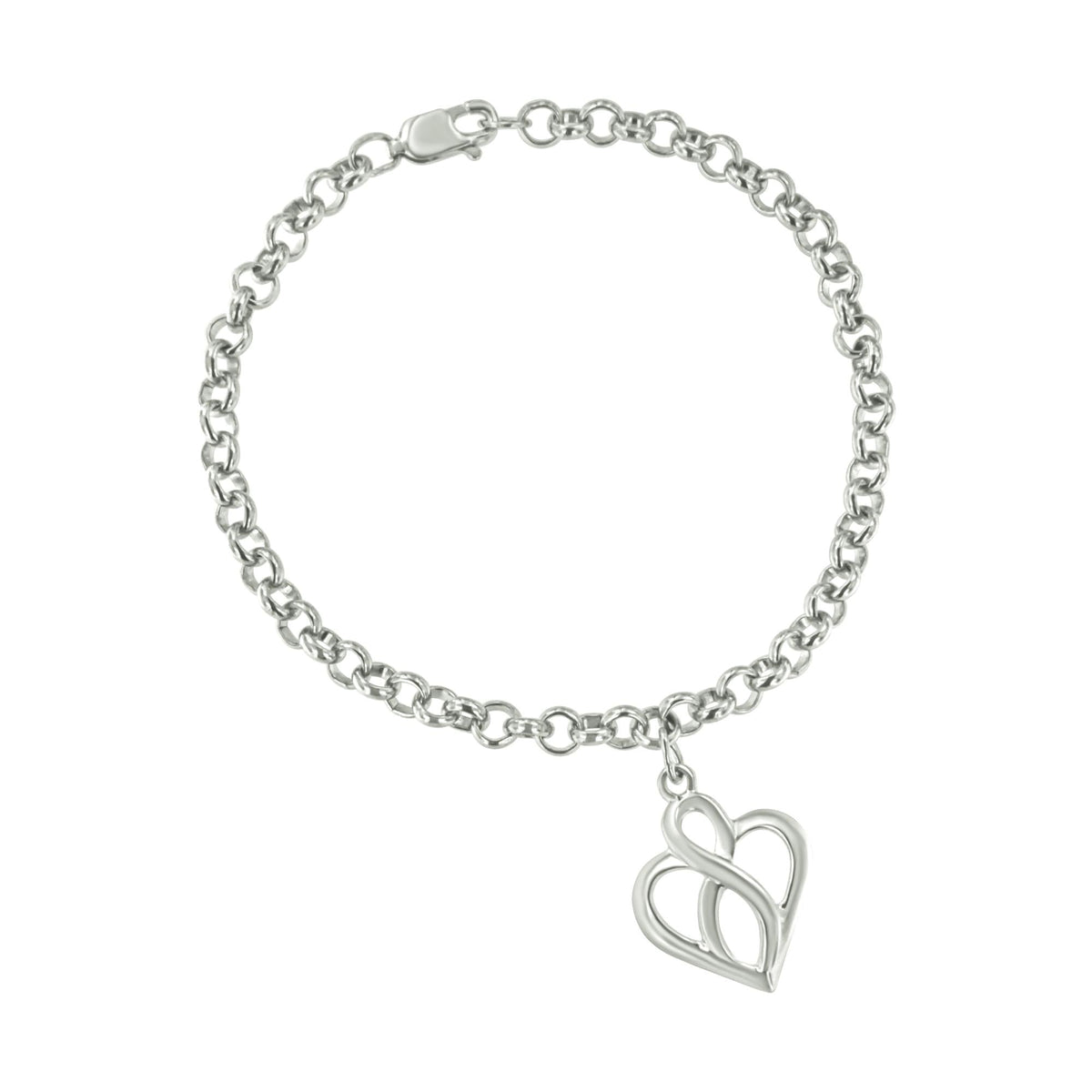 .925 Sterling Silver Open Heart with Center Vertical Infinity Chain Charm Bracelet - Size 7in