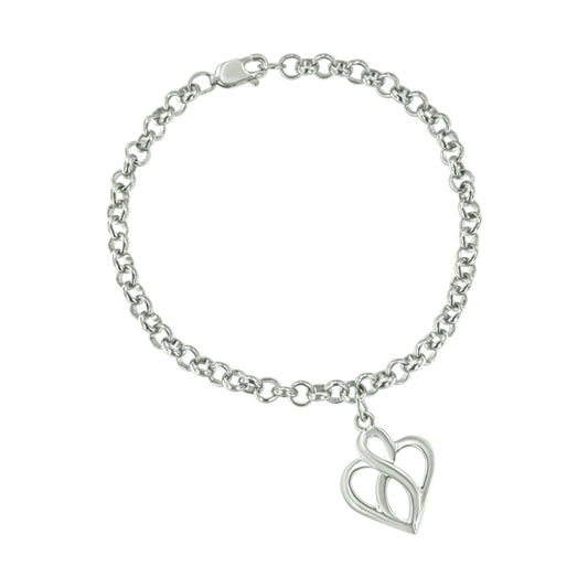.925 Sterling Silver Open Heart with Center Vertical Infinity Chain Charm Bracelet - Size 7in