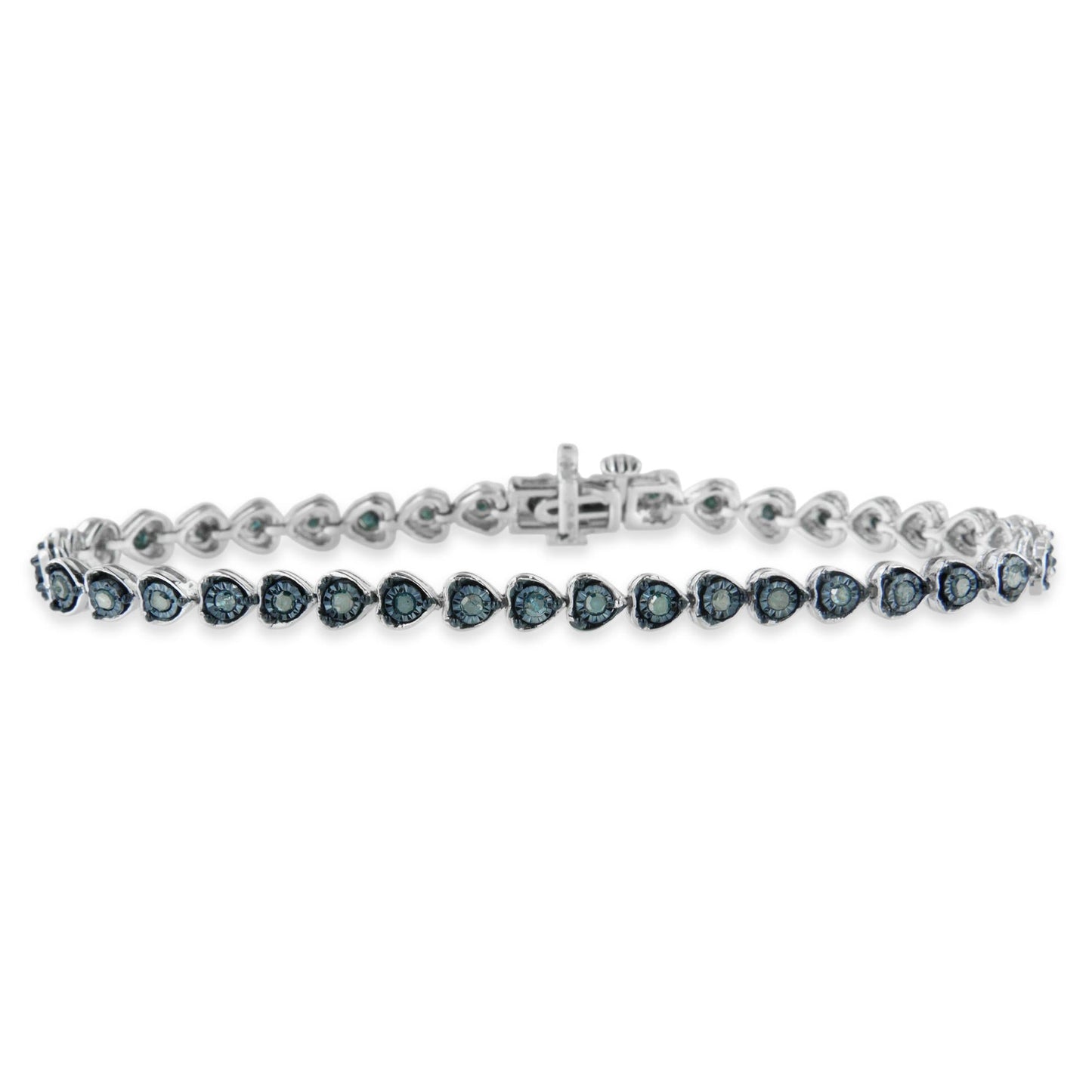 Black Rhodium over .925 Sterling Silver 1.0 Cttw Miracle Set Diamond Heart-Link 7in Tennis Bracelet (Blue Color, I2-I3 Clarity)