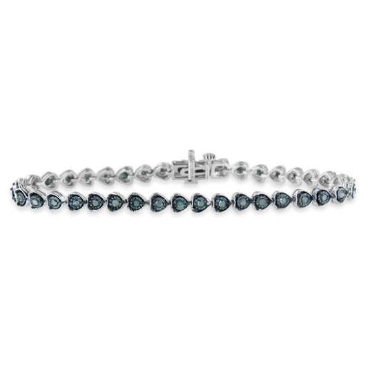 Black Rhodium over .925 Sterling Silver 1.0 Cttw Miracle Set Diamond Heart-Link 7in Tennis Bracelet (Blue Color, I2-I3 Clarity)