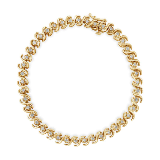 10K Yellow Gold over .925 Sterling Silver 1.0 Cttw Round Miracle-Set Diamond 7inTennis Bracelet (I-J Color, I3 Clarity)
