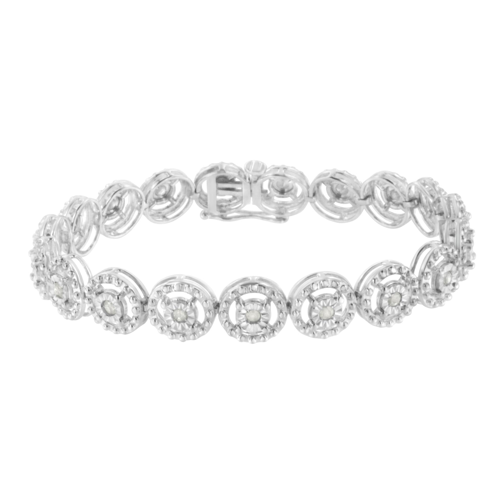 .925 Sterling Silver 1.0 Cttw Diamond Nested Circle Miracle Set Open Wheel 7in Fashion Link Bracelet (I-J Color, I3 Clarity)