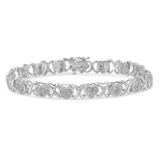 .925 Sterling Silver 1.0 Cttw Diamond Heart & X-Link 7in Tennis Bracelet (I-J Color, I2-I3 Clarity)