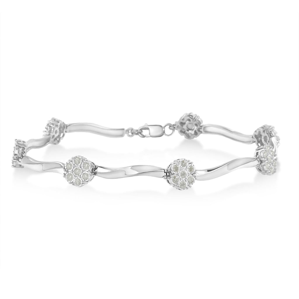 .925 Sterling Silver 1.0 cttw Miracle-Set Diamond 7 Stone Floral Cluster Link Bracelet (I-J Color, I3 Clarity) -7in