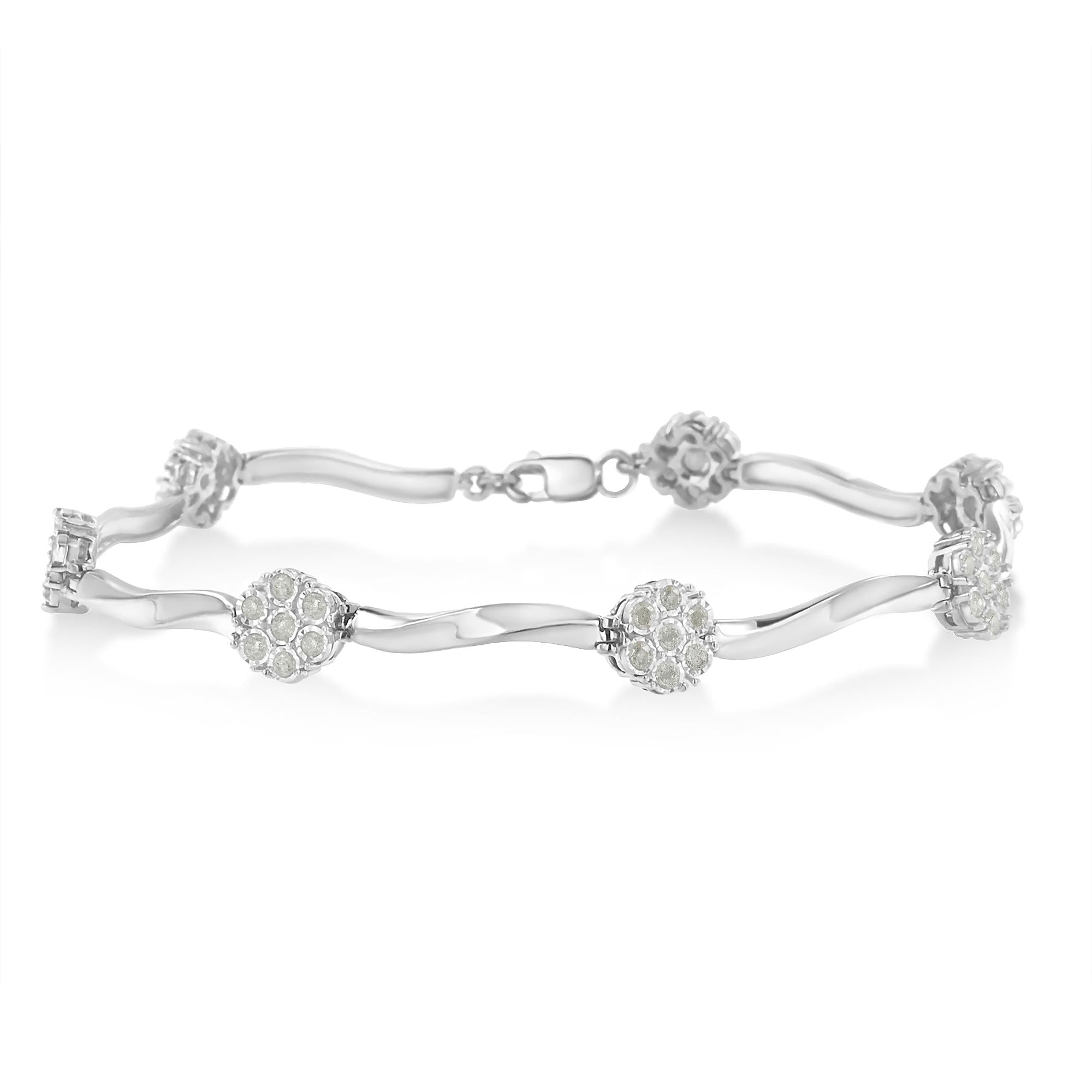 .925 Sterling Silver 1.0 cttw Miracle-Set Diamond 7 Stone Floral Cluster Link Bracelet (I-J Color, I3 Clarity) -7in