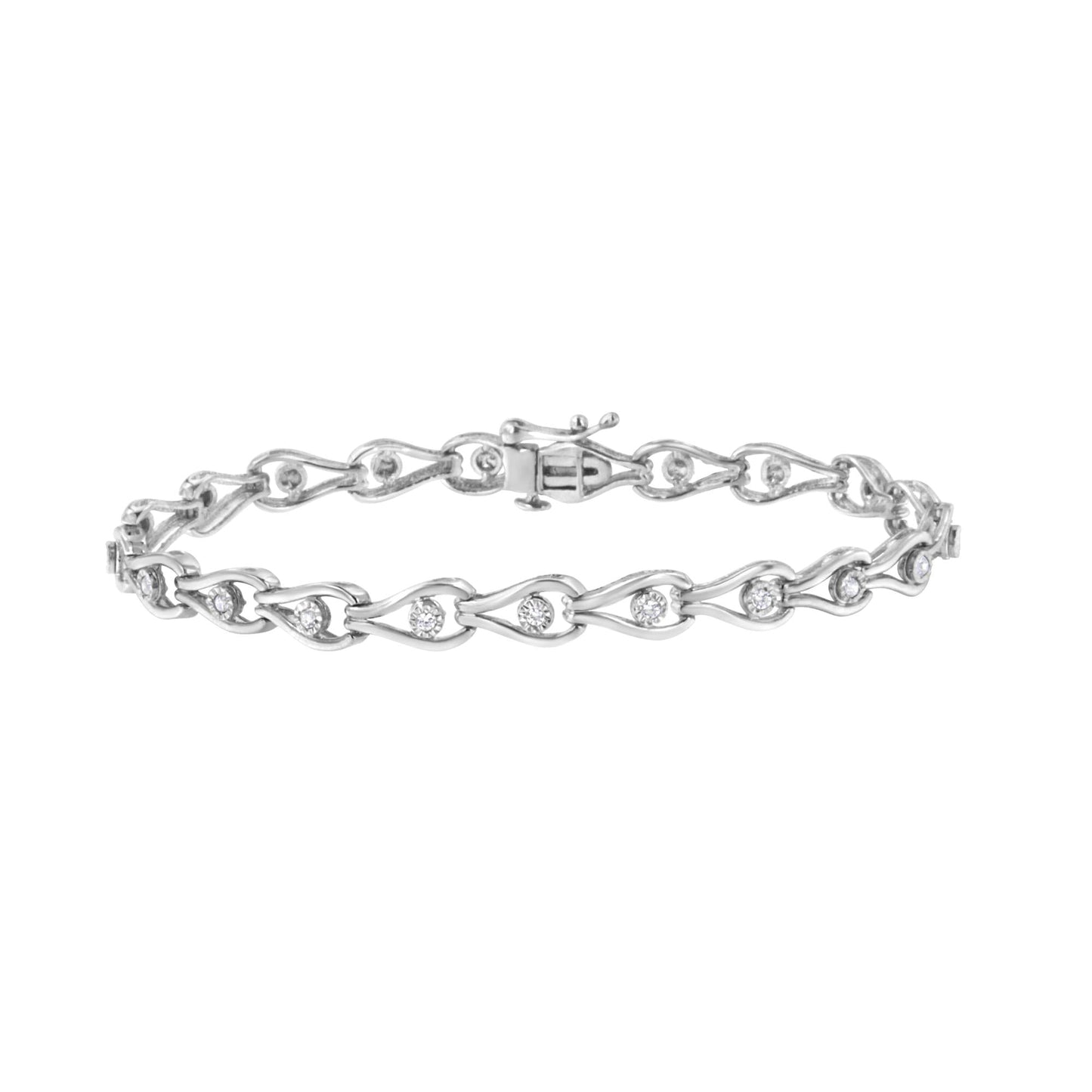 .925 Sterling Silver 1/10 Cttw Miracle-Set Diamond Pear Shape and Bezel Link Bracelet (I-J Color, I3 Clarity) - 7.25in