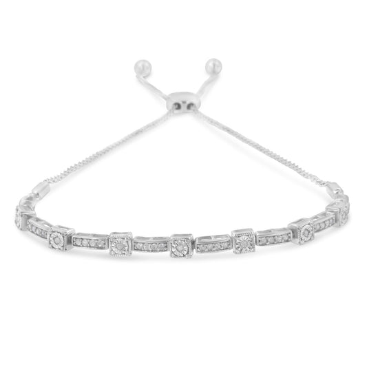 .925 Sterling Silver 1/4 Cttw Diamond Art Deco Milgrain Square Station & Bar Style Adjustable Bolo 6in-9in Bracelet (H-I Color, I2-I3 Clarity)
