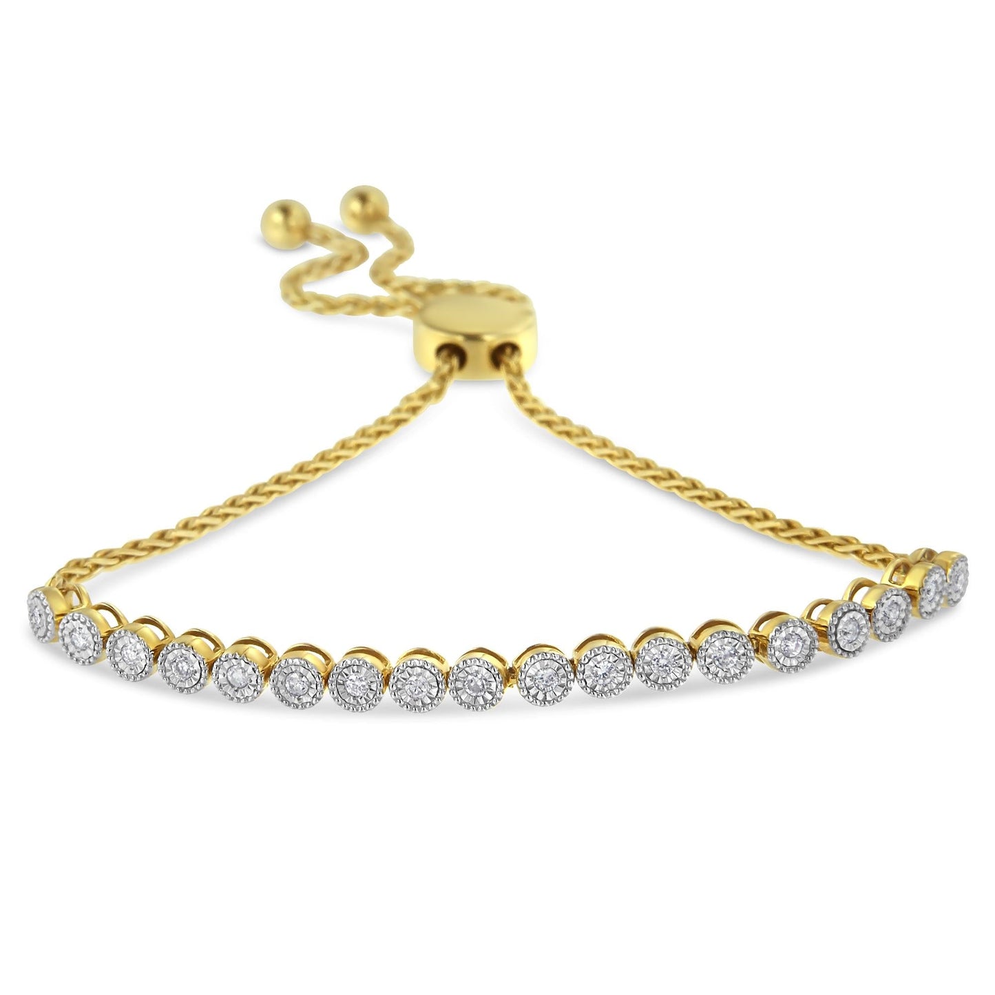 10K Yellow Gold over .925 Sterling Silver Miracle-Set Diamond Accented 6in-9in Adjustable Beaded Tennis Bolo Bracelet (H-I Color, I2-I3 Clarity)