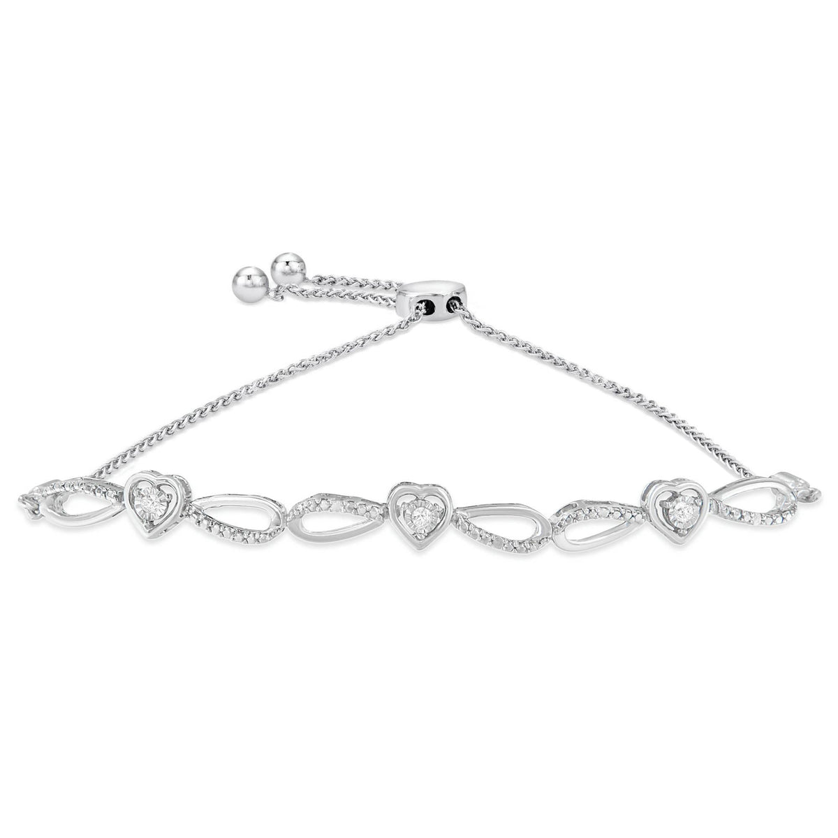 .925 Sterling Silver Diamond Accent Heart and Infinity 6in-9in Adjustable Bolo Bracelet (I-J Color, I3 Clarity)