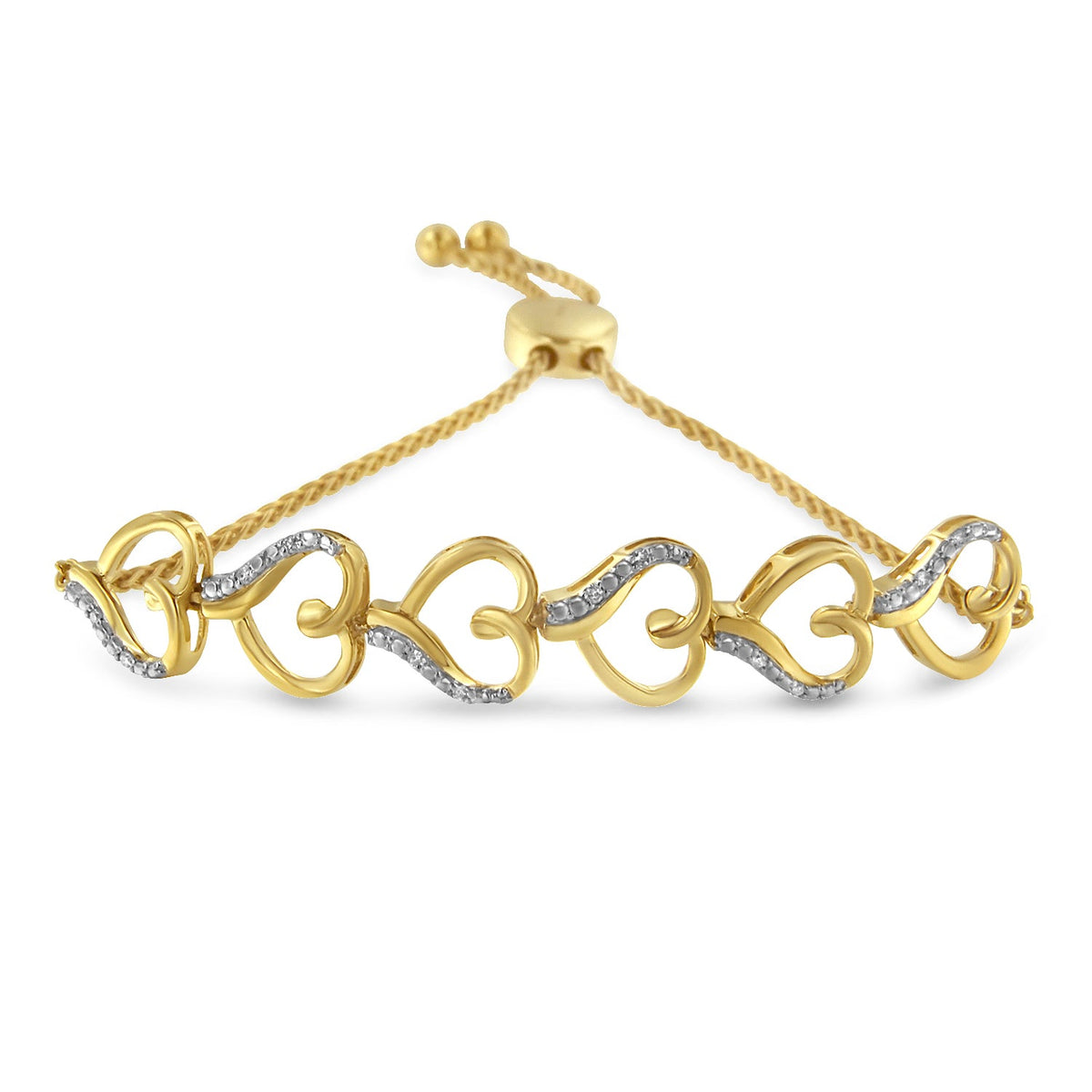 10K Yellow Gold over .925 Sterling Silver Diamond Accented Open Hearts 6in-9in Adjustable Chain Bolo Bracelet (H-I Color, I2-I3 Clarity)