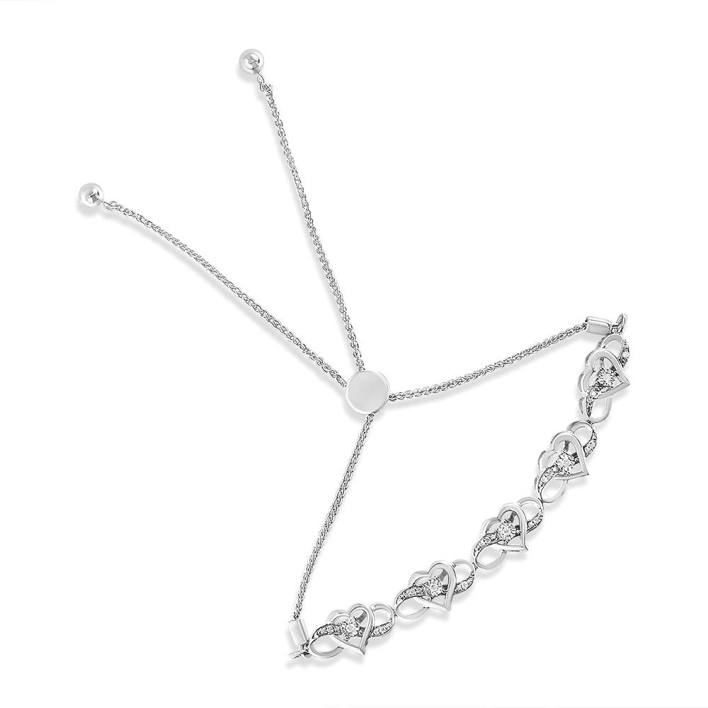 .925 Sterling Silver Miracle Set Diamond Accented Infinity Hearts 6in-9in Adjustable Bolo Bracelet (H-I Color, I2-I3 Clarity)