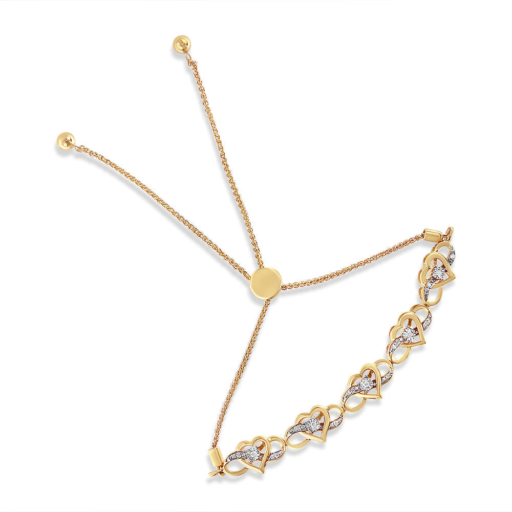 14K Yellow Gold Plated .925 Sterling Silver 1/10 Cttw Diamond Infinity Heart Shaped 4in-10in Adjustable Bolo Bracelet (H-I Color, I2-I3 Clarity)