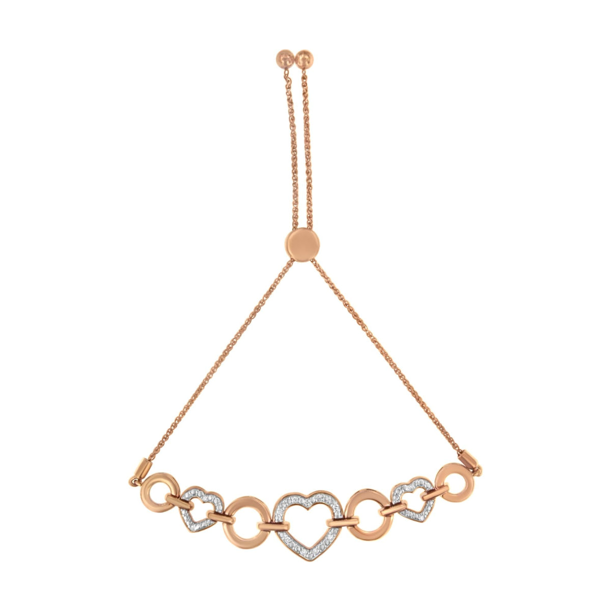 10K Rose Gold over .925 Sterling Silver 1/10 Cttw Round-Cut Diamond Heart Link Adjustable Bolo Bracelet (H-I Color, I2-I3 Clarity) - 6in-9in Adjustable