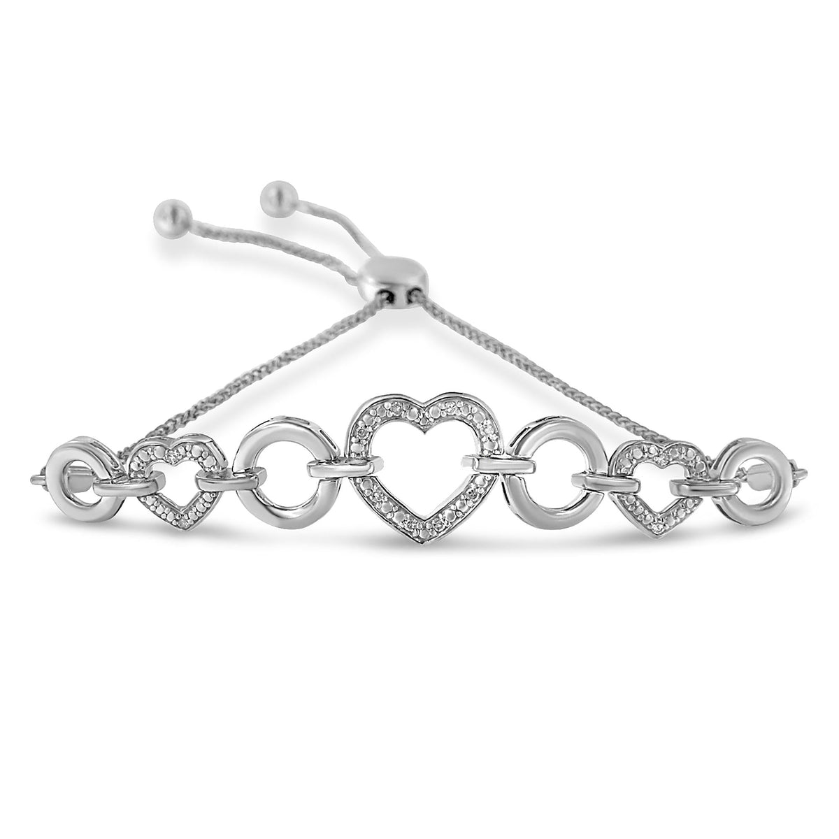 .925 Sterling Silver 1/10 Cttw Round-Cut Diamond Heart-Link Adjustable Bolo Bracelet ( H-I Color, I2-I3 Clarity) - 6in-9in Adjustable