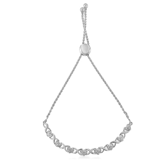 .925 Sterling Silver 1/10 Cttw Diamond Heart and X-Link 6in-9in Adjustable Bolo Bracelet (H-I Color, I2-I3 Clarity)
