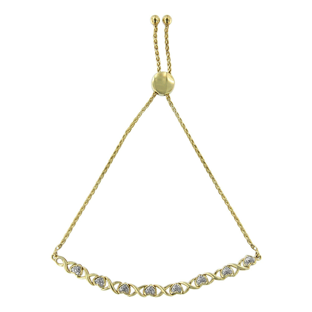 10K Yellow Gold over .925 Sterling Silver 1/10 Cttw Diamond Heart and X-Link 6in-9in Adjustable Bolo Bracelet (H-I Color, I2-I3 Clarity)
