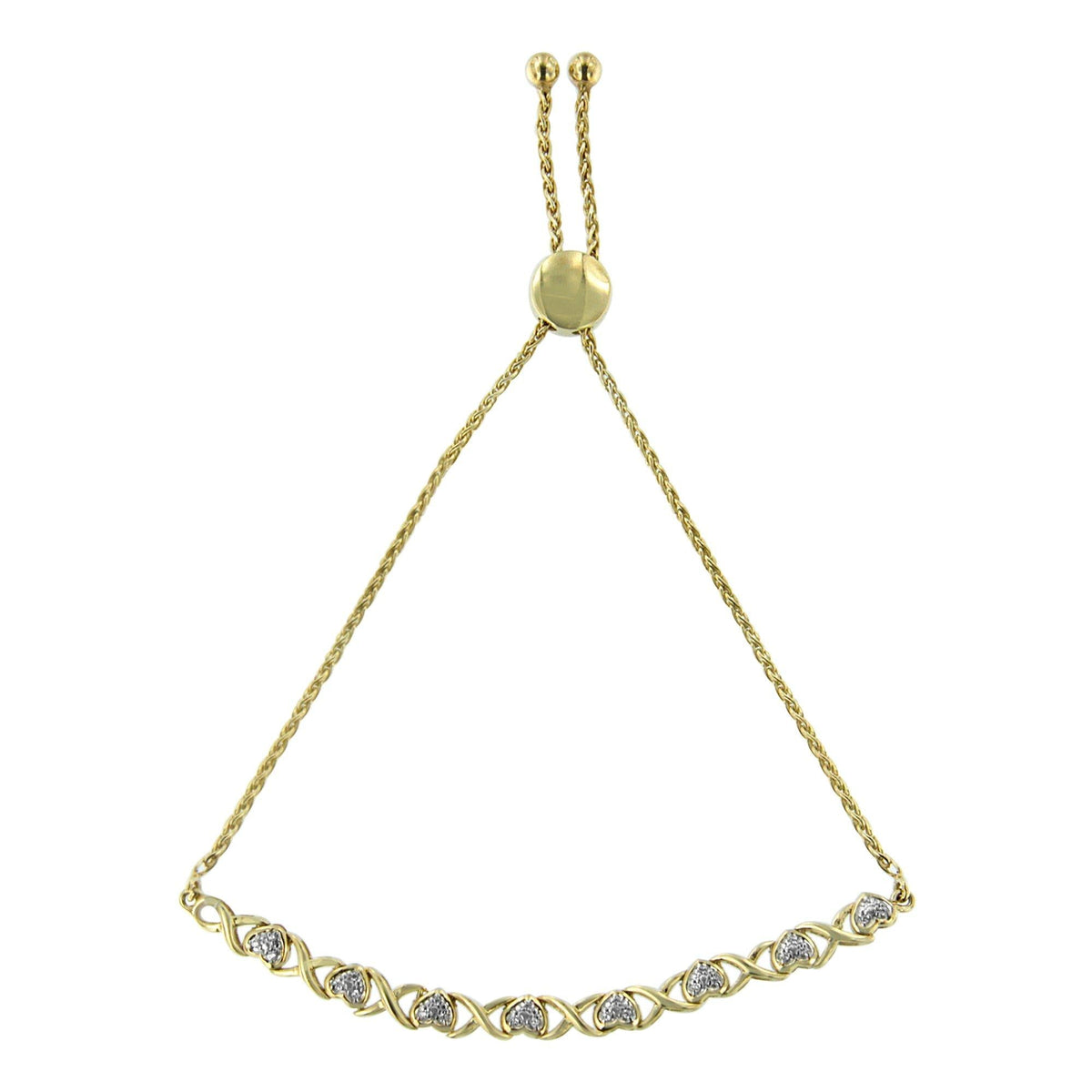 10K Yellow Gold over .925 Sterling Silver 1/10 Cttw Diamond Heart and X-Link 6in-9in Adjustable Bolo Bracelet (H-I Color, I2-I3 Clarity)