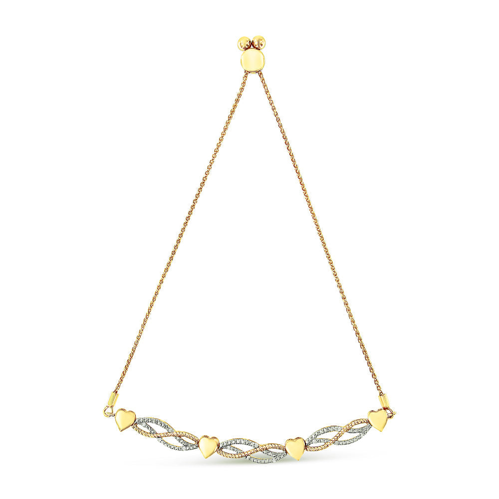 14K Yellow Gold Plated .925 Sterling Silver 1/10 Cttw Diamond Wave and Hearts Bolo Bracelet (I-J Color, I2-I3 Clarity) - 4in-10in Adjustable