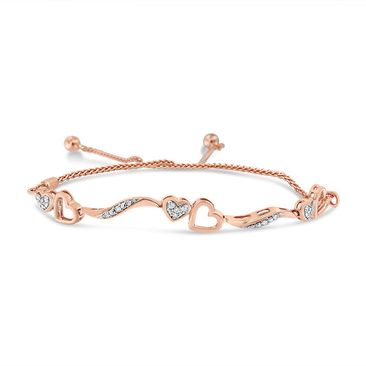 .925 Sterling Silver 1/10 Cttw Diamond Wave and Hearts 4in-10in Adjustable Bolo Bracelet (I-J Color, I3 Clarity)