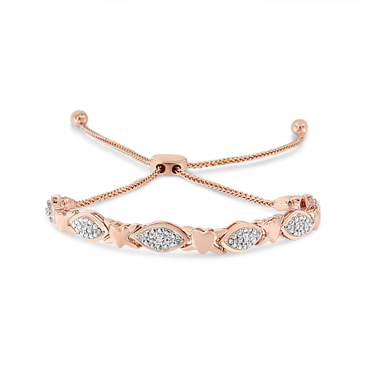 .925 Sterling Silver Diamond Accent Alternating Marquise Shape and Heart Links Bolo Bracelet (I-J Color, I3 Clarity) - Adjustable 6in to 9in