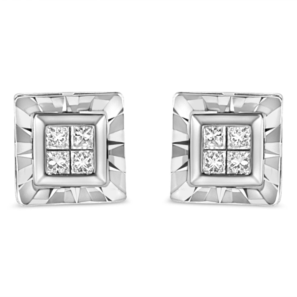 .925 Sterling Silver 1/6 Cttw Invisible Set Princess-Cut Diamond Quad Composite Stud Earrings (H-I Color, I1-I2 Clarity)