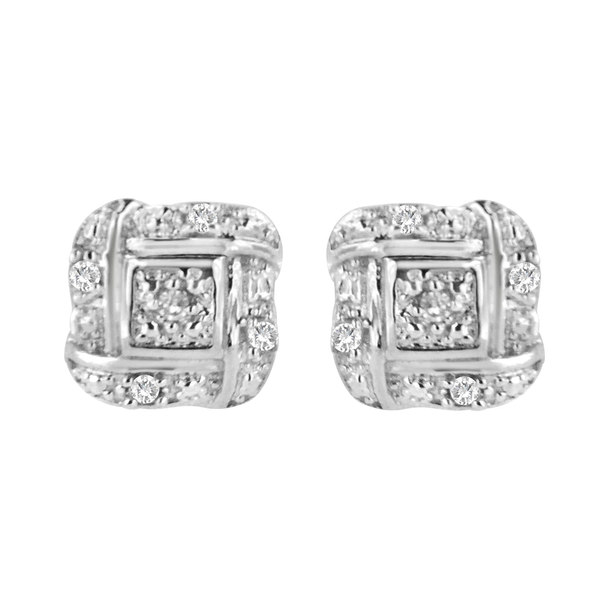 Sterling Silver Round Cut Diamond Square Stud Earrings (0.04 cttw, H-I Color, I2-I3 Clarity)