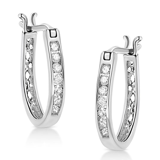 .925 Sterling Silver 1/4 Cttw Diamond Leverback 3/4 Inch Hoop Earrings (I-J Color, I2-I3 Clarity)