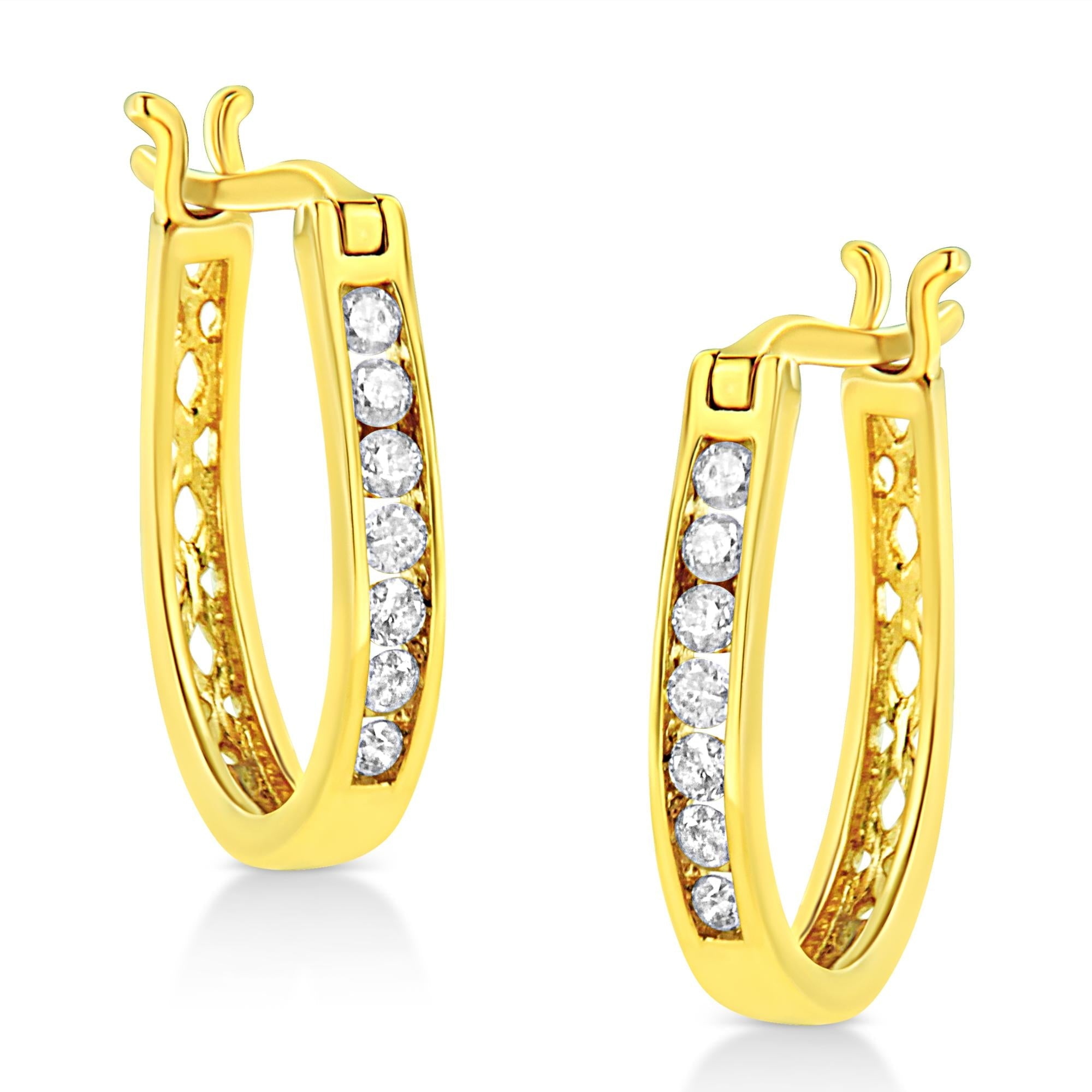 14K Yellow Gold Plated .925 Sterling Silver 1/4 Cttw Diamond Leverback 3/4 Inch Hoop Earrings (K-L Color, I2-I3 Clarity)