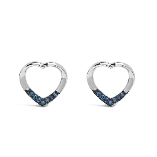 .925 Sterling Silver Blue Diamond Accent Open Heart Stud Earrings (Blue Color, SI1-SI2 Clarity)