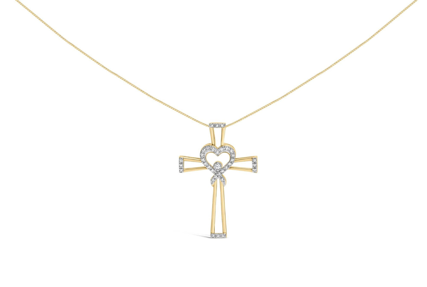 14K Yellow Gold Plated .925 Sterling Silver 1/6 Cttw Diamond Interlocking Heart and Ribbon Cross Pendant Necklace (H-I Color, I2-I3 Clarity) - 18in