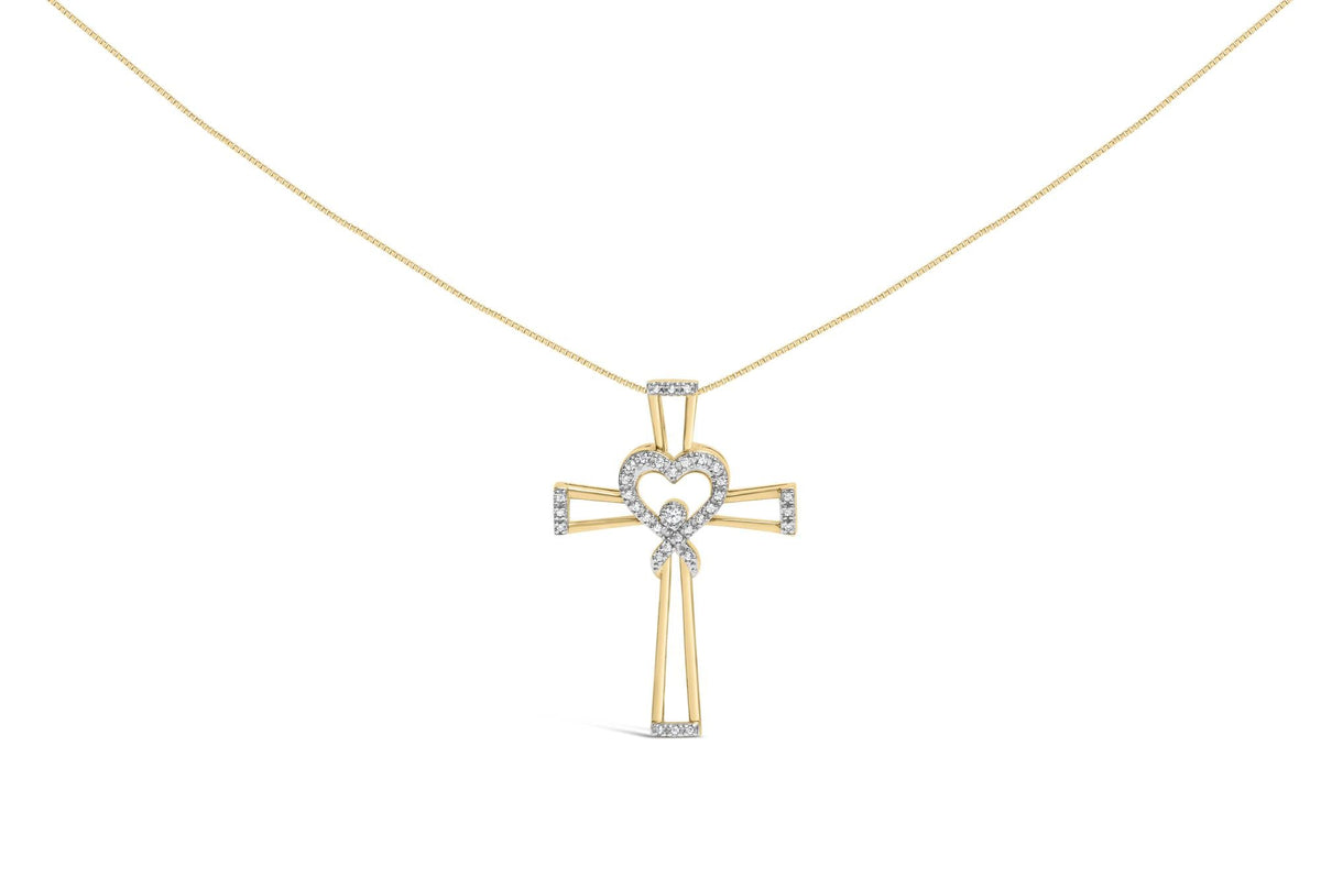 14K Yellow Gold Plated .925 Sterling Silver 1/6 Cttw Diamond Interlocking Heart and Ribbon Cross Pendant Necklace (H-I Color, I2-I3 Clarity) - 18in