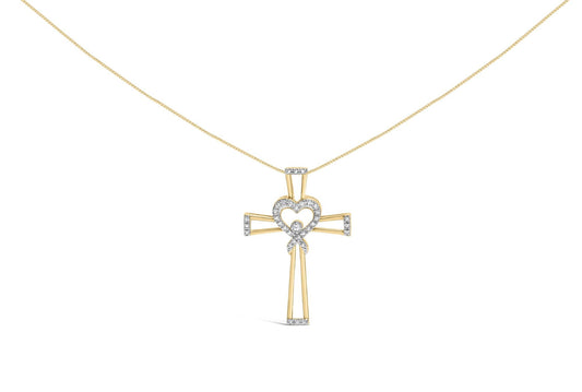 14K Yellow Gold Plated .925 Sterling Silver 1/6 Cttw Diamond Interlocking Heart and Ribbon Cross Pendant Necklace (H-I Color, I2-I3 Clarity) - 18in