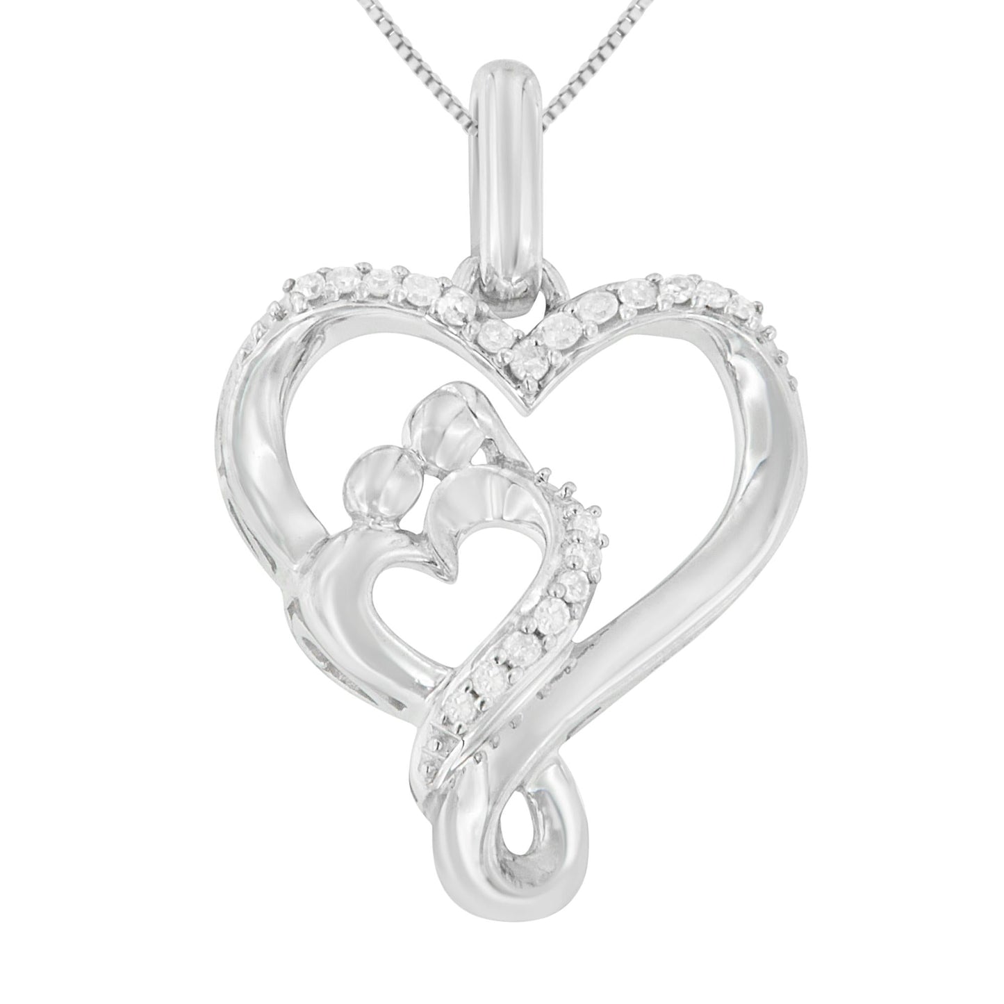 .925 Sterling Silver 1/10 Cttw Diamond Mother & Child Double Open Heart 18in Pendant Necklace (H-I Color, I2-I3 Clarity)