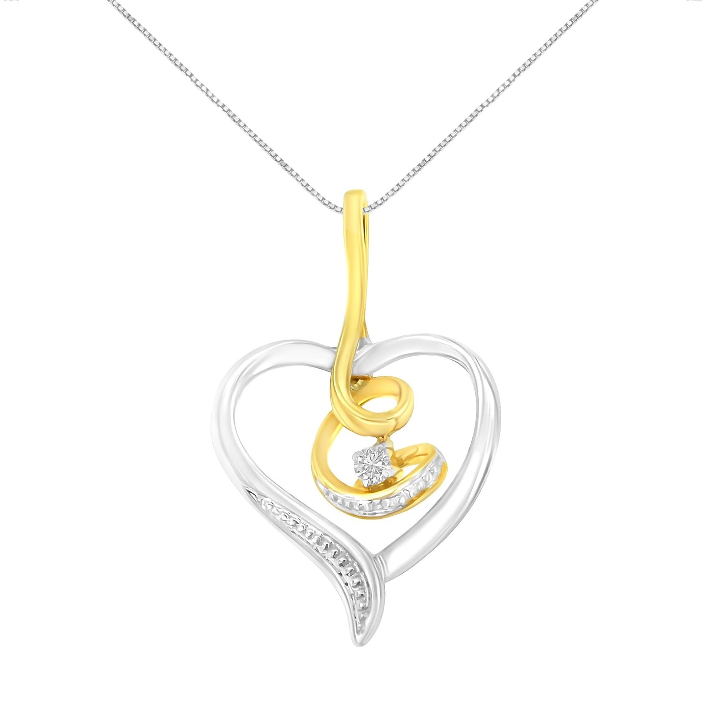 Espira 10K Two-Tone Yellow & White Gold .03 Cttw Diamond-Accented Round-Cut Diamond Swirl Open Heart 18in Pendant Necklace (I-J Color, I2-I3 Clarity)