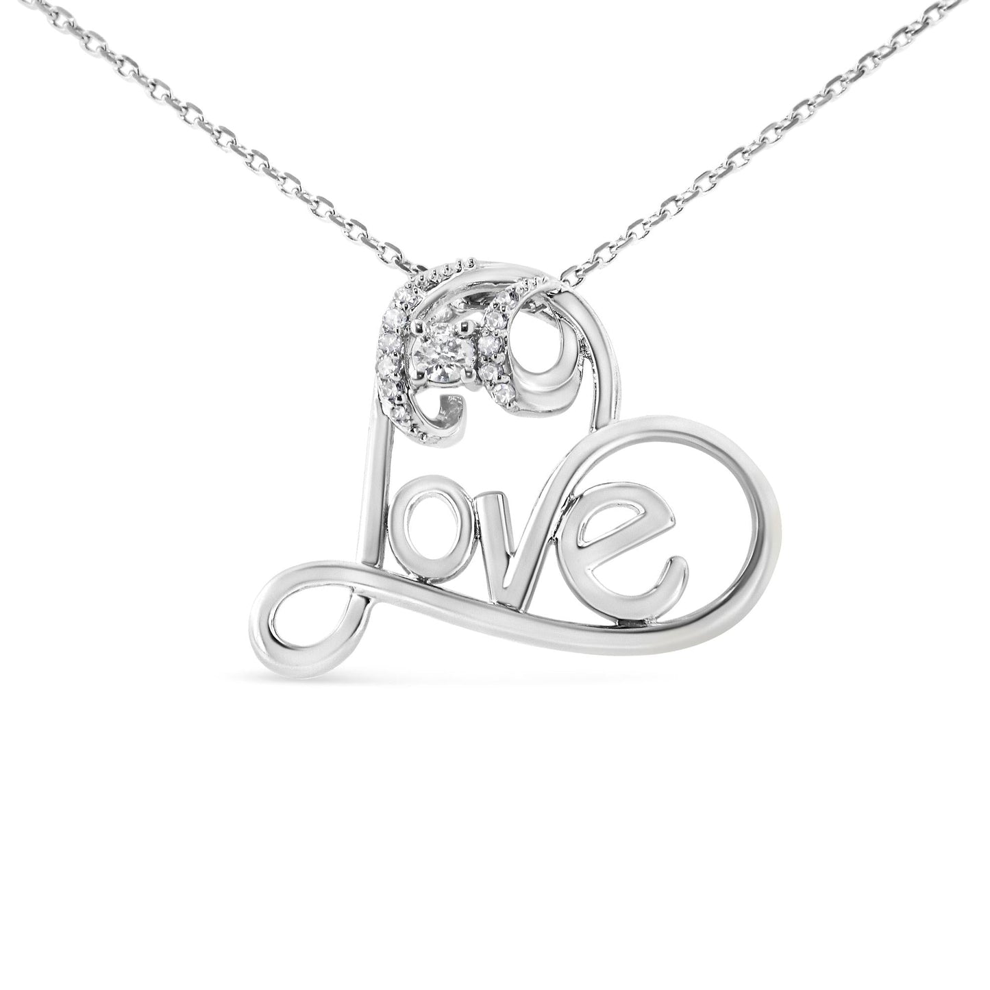 .925 Sterling Silver 1/10 Cttw Round Brilliant-Cut Diamond Accented Open Heart with Love 18in Pendant Necklace (H-I Color, I1-I2 Clarity)