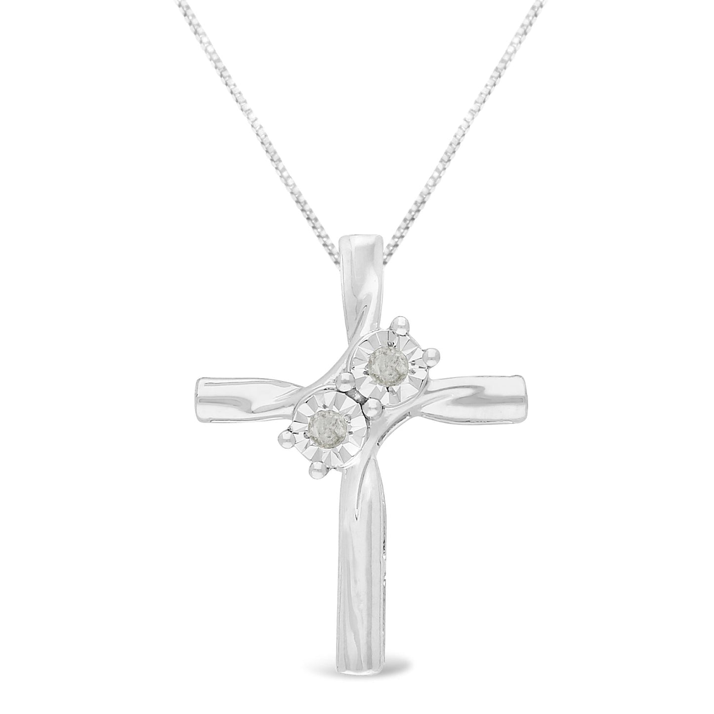 .925 Sterling Silver 1/10 Cttw Diamond Miracle-Set 2 Stone 'Together Forever' Curved Cross 18in Pendant Necklace (I-J Color, I2-I3 Clarity)