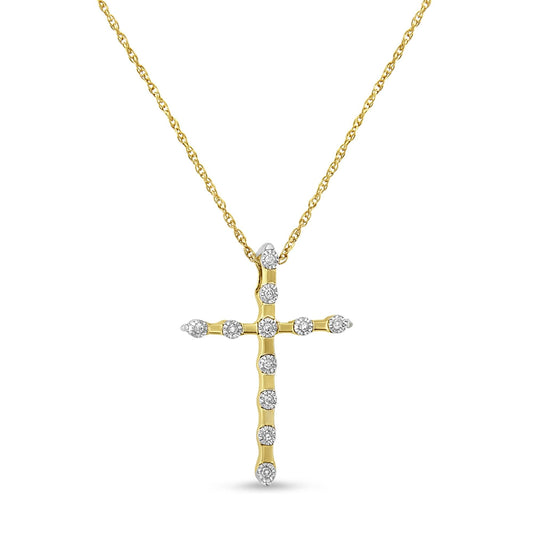 14K Yellow Gold Plated .925 Sterling Silver Miracle Set Diamond Accent Cross 18" Pendant Necklace (H-I Color, I2 Clarity)