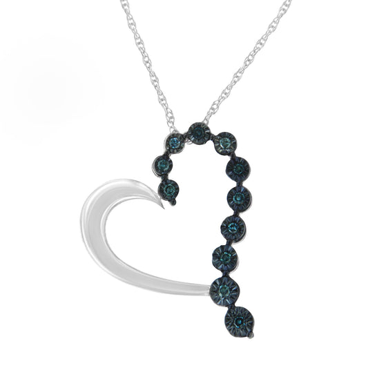 .925 Sterling Silver 1/10 Cttw Diamond Miracle-Set Open Heart 18in Pendant Necklace (Enhanced Blue Color, I2-I3 Clarity)