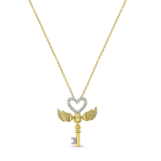 10K Yellow Gold over .925 Sterling Silver Diamond Accented Heart Angel Wing Key to Heaven 18in Rope Chain Pendant Necklace (H-I Color, I2-I3 Clarity)
