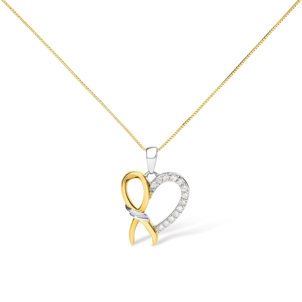 10K Yellow Gold Plated .925 Sterling Silver 1/5 Cttw Diamond Ribbon Heart Pendant Necklace (H-I Color, I2-I3 Clarity) - 18in