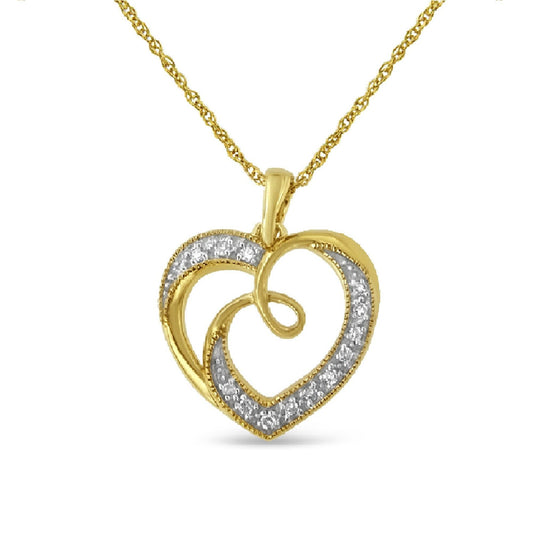 14K Yellow Gold Plated .925 Sterling Silver Diamond Accent Ribbon & Heart 18in Pendant Necklace (H-I Color, I2-I3 Clarity)