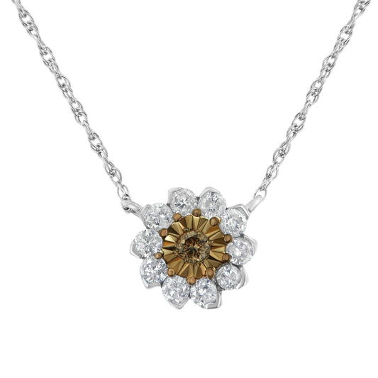 Brown Rhodium over .925 Sterling Silver 1/2 Cttw Diamond Miracle Plate Flower Cluster 18in Pendant Necklace (Champagne and I-J Color, I1-I2 Clarity)