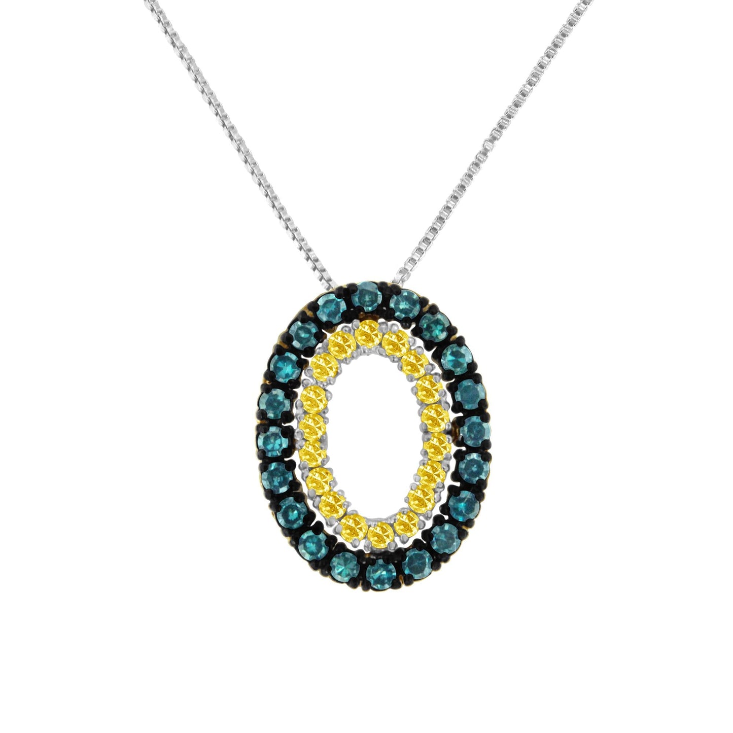 14K Yellow Gold Plated Sterling Silver 1/2 Cttw Color Treated Diamond Double Oval 18in Pendant Necklace (Blue Color, I2-I3 Clarity)