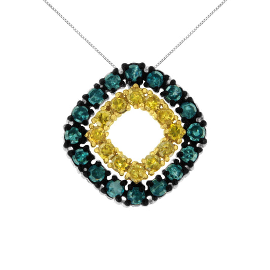 .925 Sterling Silver 1/2 Cttw Treated Blue and Yellow Diamond Double Square 18in Pendant Necklace (Blue/Yellow Color, I2-I3 Clarity)