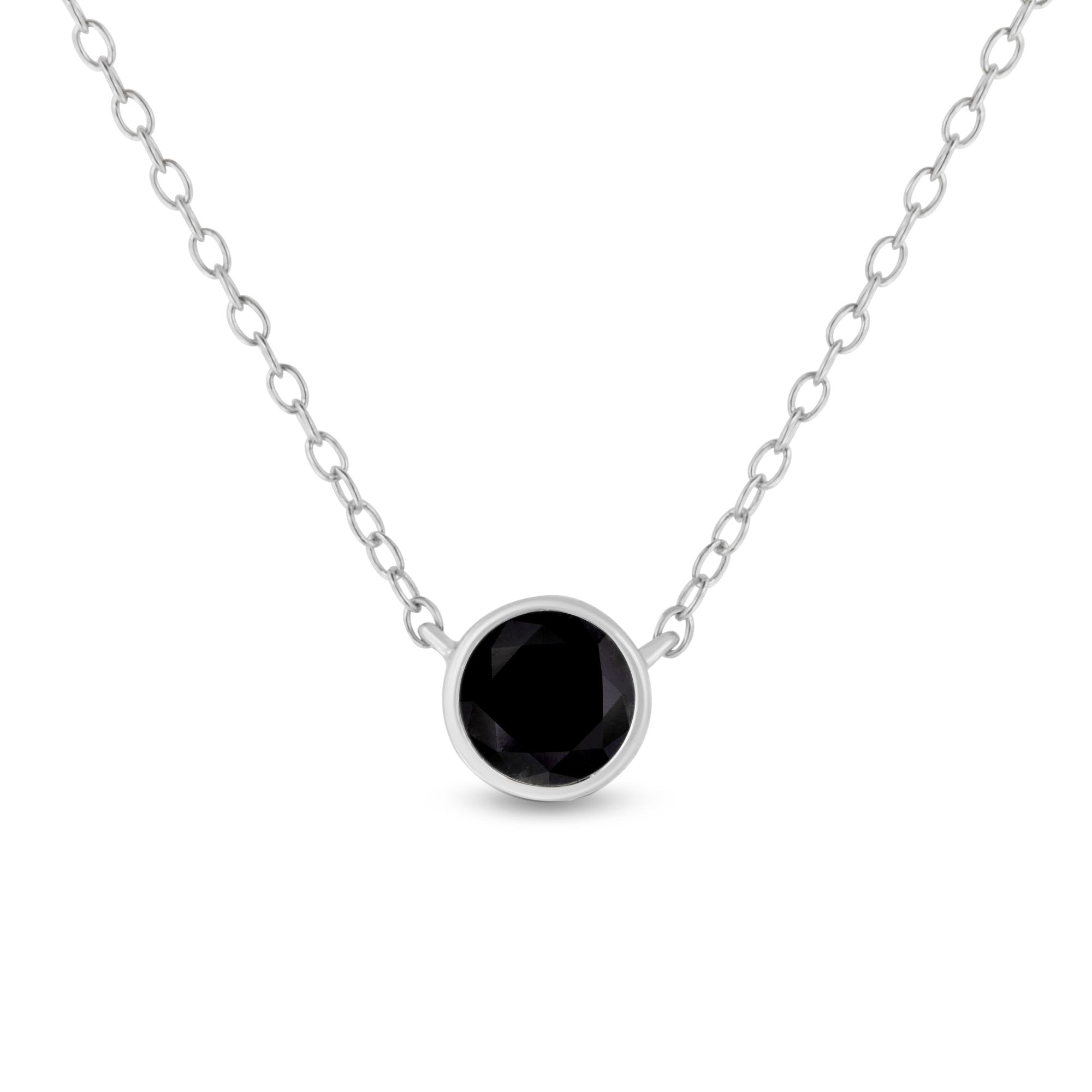 .925 Sterling Silver 1/3 Cttw Bezel-Set Treated Black Diamond Solitaire 18in Pendant Necklace (Black Color, I1-I2 Clarity)