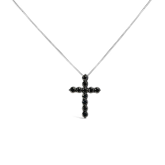 .925 Sterling Silver and Black Rhodium 1.0 Cttw Black Diamond Cross Pendant Necklace (Black Color, I2-I3 Clarity) - 18in