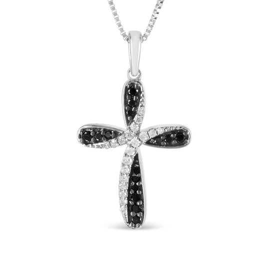 .925 Sterling Silver 1/4 Cttw Alternating Black and White Diamond Intertwining Ribbon Weave Cross 18in Pendant Necklace (Black/I-J Color, I2-I3 Clarity)