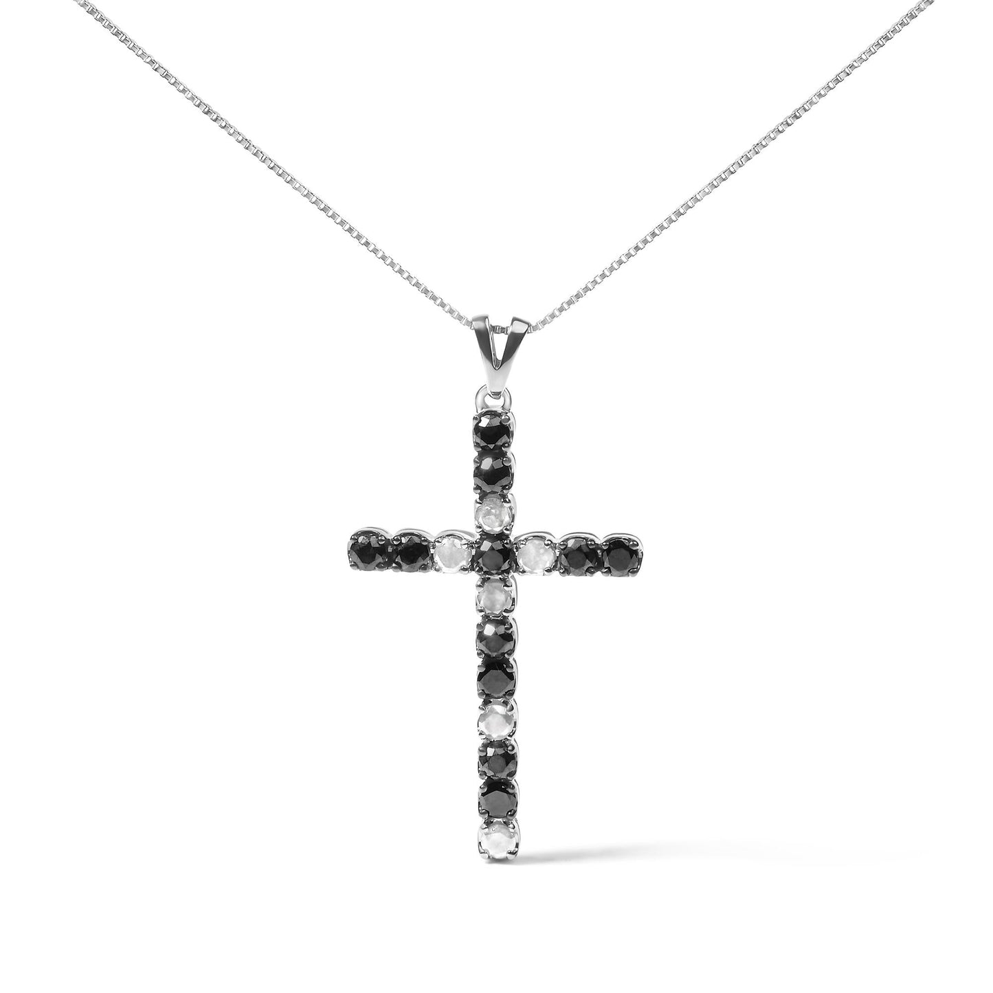 .925 Sterling Silver 1.0 Cttw Black and White Diamond Alternating Classic Cross 18in Pendant Necklace (Black/I-J Color, I3 Clarity)