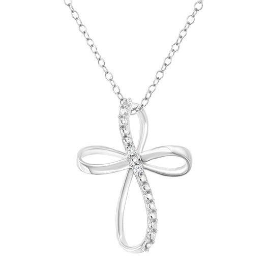 .925 Sterling Silver Diamond Accent Cross Ribbon 18in Pendant Necklace (I-J Color, I2-I3 Clarity)
