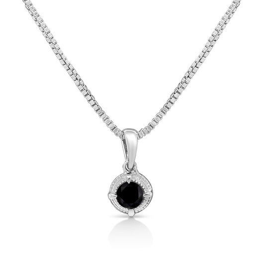.925 Sterling Silver Treated Color Diamond Solitaire 18in Milgrain Pendant Necklace